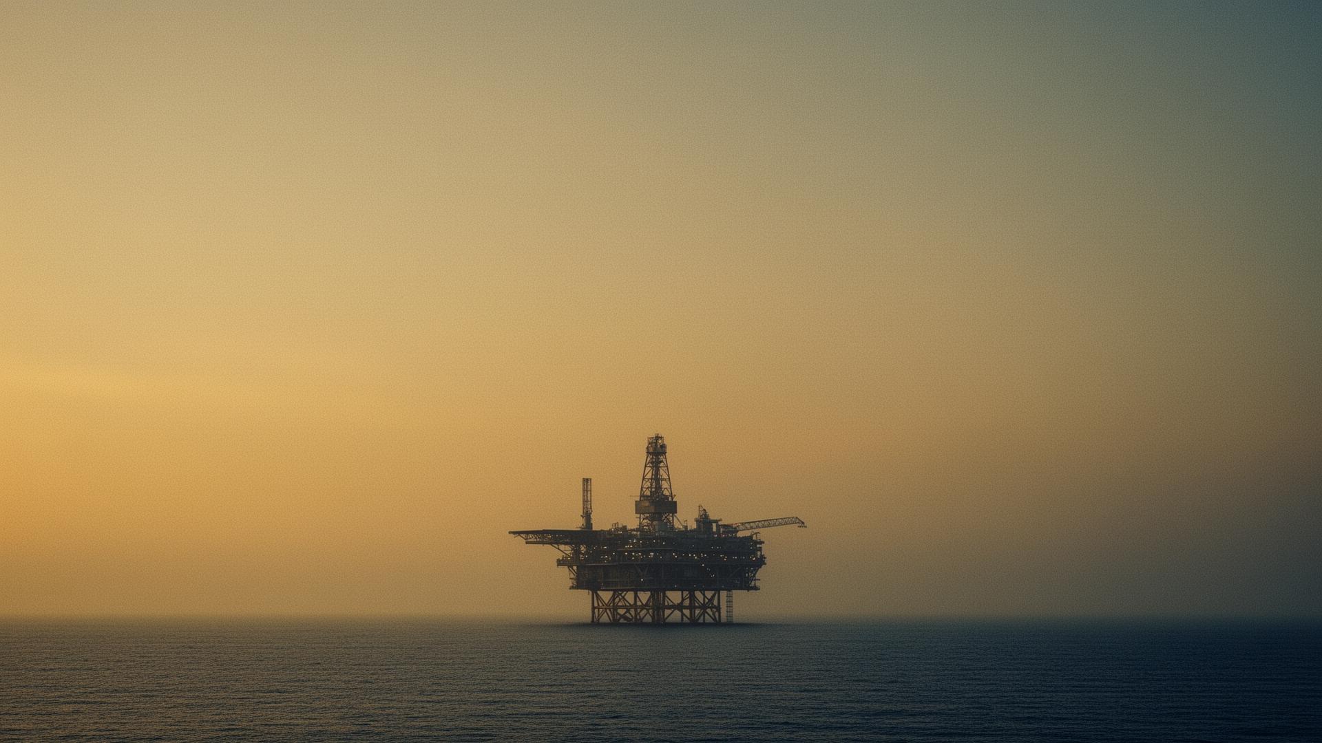 An offshore platform silhouetted against a golden-hour sky
