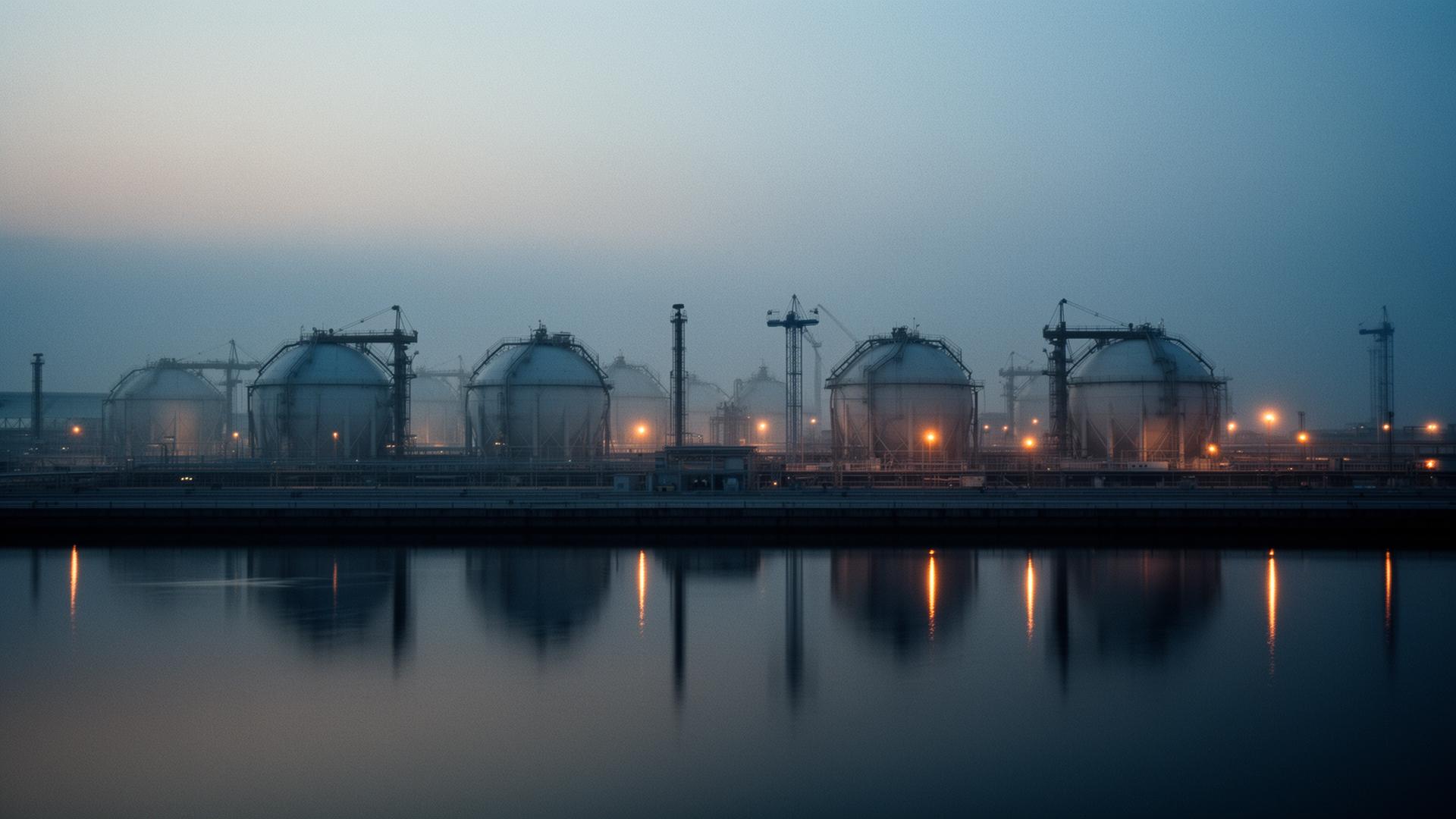 An LNG export terminal at pre-dawn, atmospheric haze over still water
